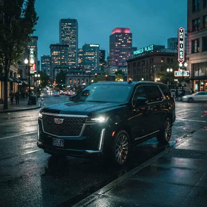 Black Cadillac Escalade luxury SUV chauffeur service in Portland at dusk